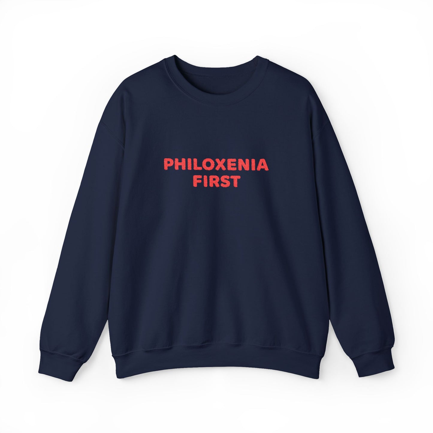 Navy blue sweatshirt with 'PHILOXENIA FIRST' text in red on a white background