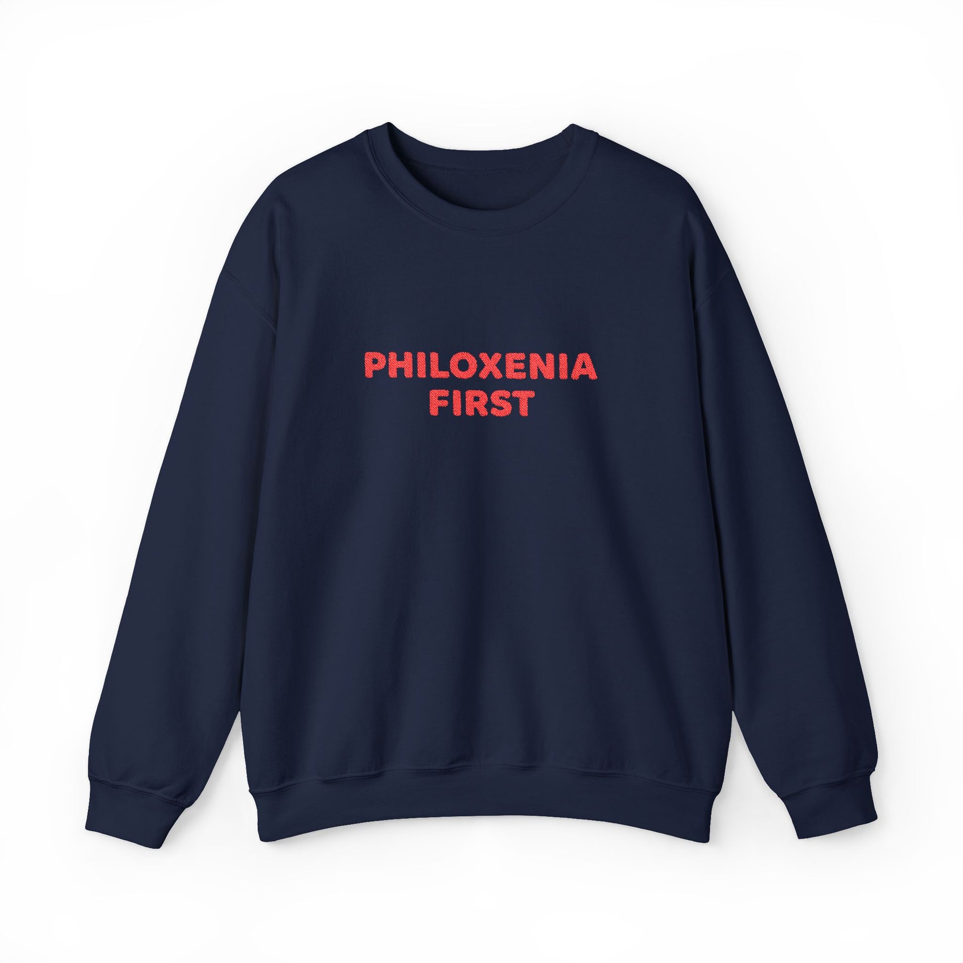 Navy blue sweatshirt with 'PHILOXENIA FIRST' text in red on a white background