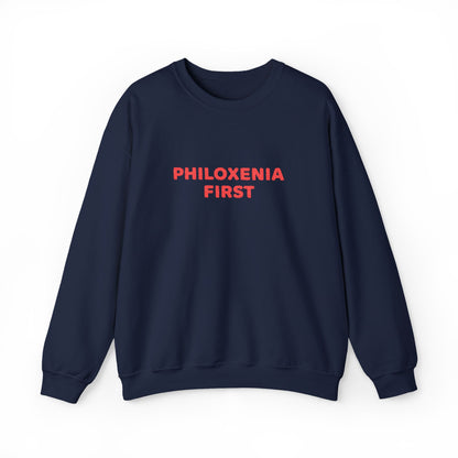 Navy blue sweatshirt with 'PHILOXENIA FIRST' text in red on a white background