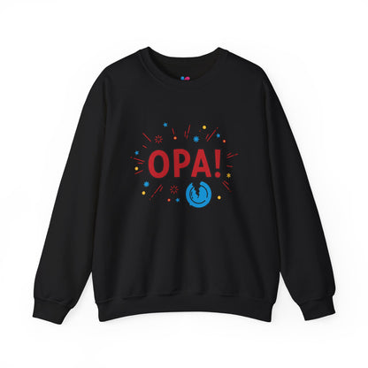 Black sweatshirt with 'OPA!' text and design on a white background