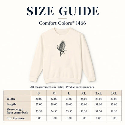 Cardó Comfort Colors 1466 official sizing reference, sizes S to 3XL, garment width, length and sleeve measurements in inches
