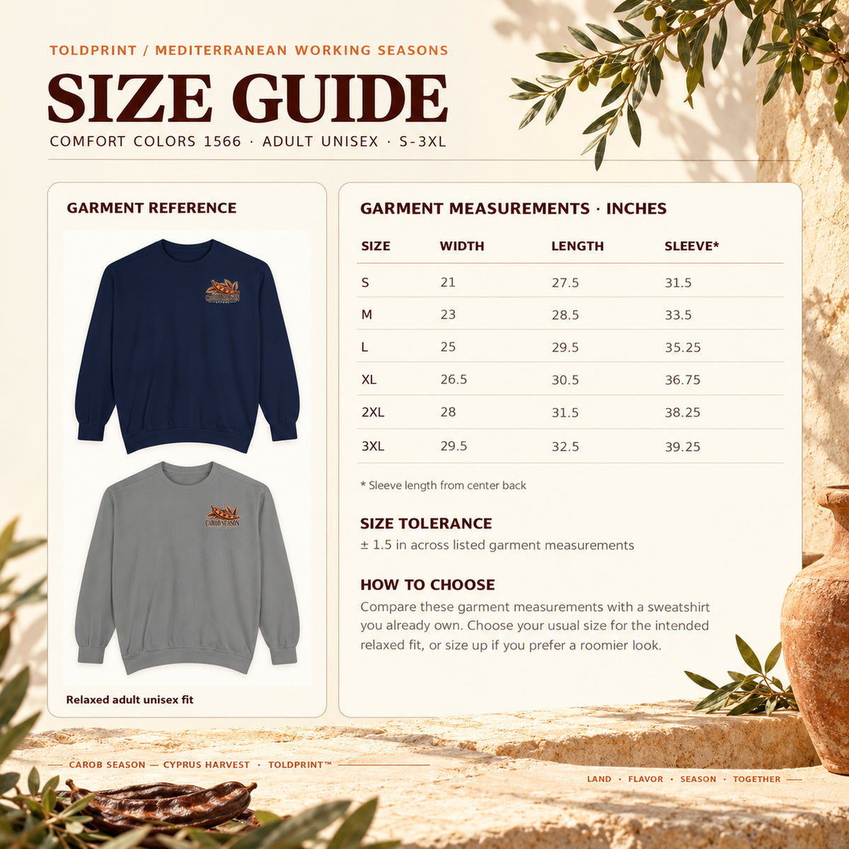 Carob Season Cyprus Harvest Comfort Colors 1566 size guide S to 3XL