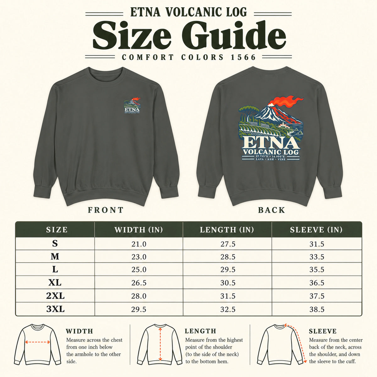 Etna Volcanic Log Comfort Colors 1566 size guide with front and back sweatshirt views and measurements from S to 3XL.