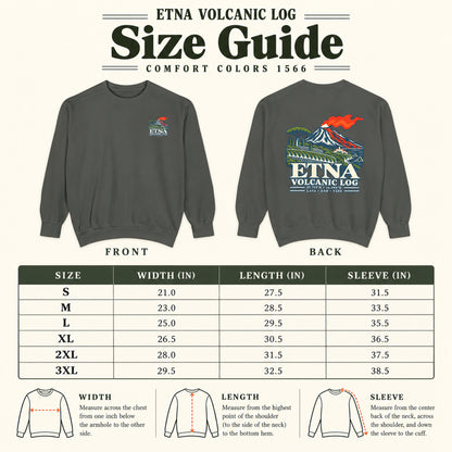 Etna Volcanic Log Comfort Colors 1566 size guide with front and back sweatshirt views and measurements from S to 3XL.