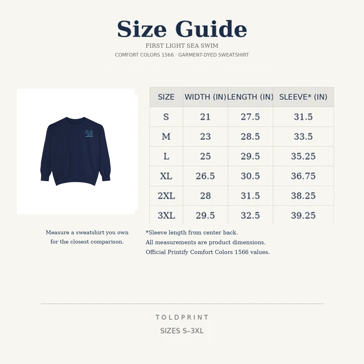 First Light Sea Swim Comfort Colors 1566 sweatshirt size guide from S to 3XL