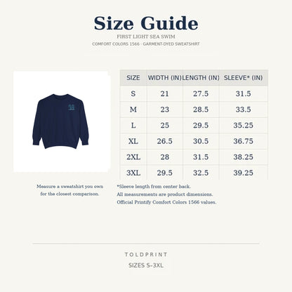 First Light Sea Swim Comfort Colors 1566 sweatshirt size guide from S to 3XL