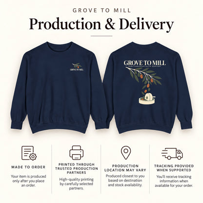 Grove to Mill production and delivery information with True Navy front and back sweatshirt views.