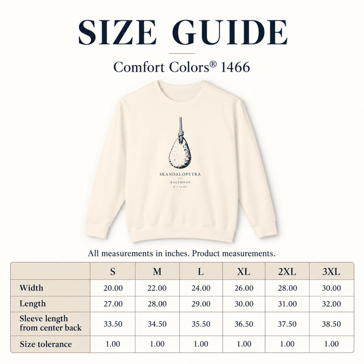Skandalopetra Comfort Colors 1466 size guide in inches for sizes S through 3XL