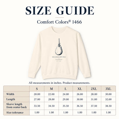 Skandalopetra Comfort Colors 1466 size guide in inches for sizes S through 3XL