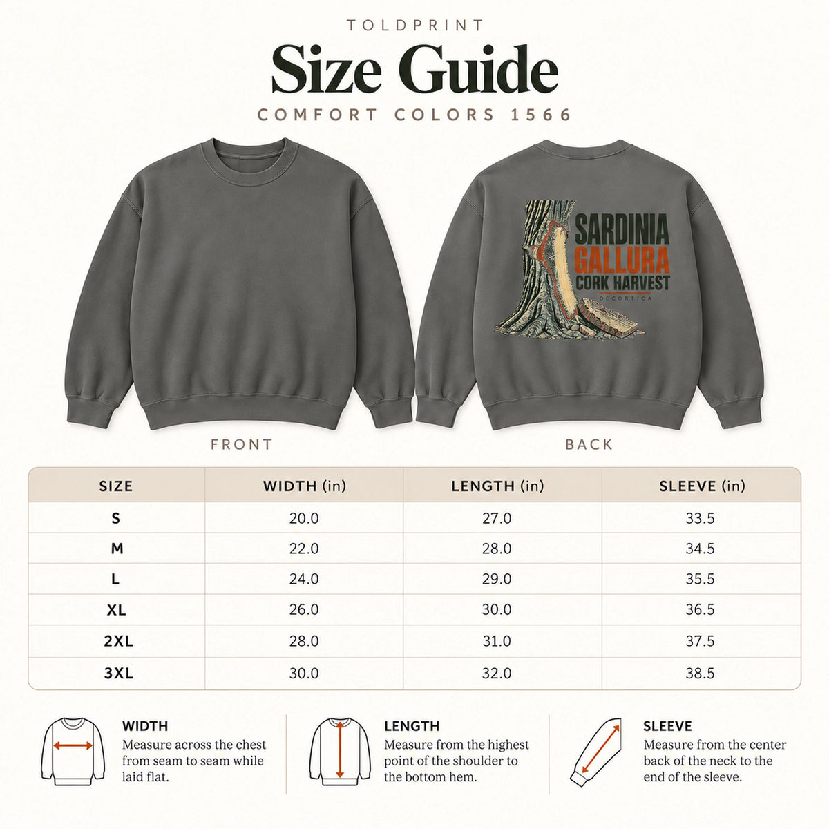 Sardinia Cork Harvest Comfort Colors 1566 sweatshirt size guide
