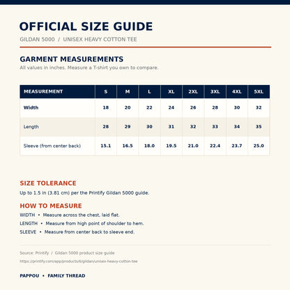 PAPPOU Gildan 5000 official Printify size guide for S through 5XL, garment measurements in inches
