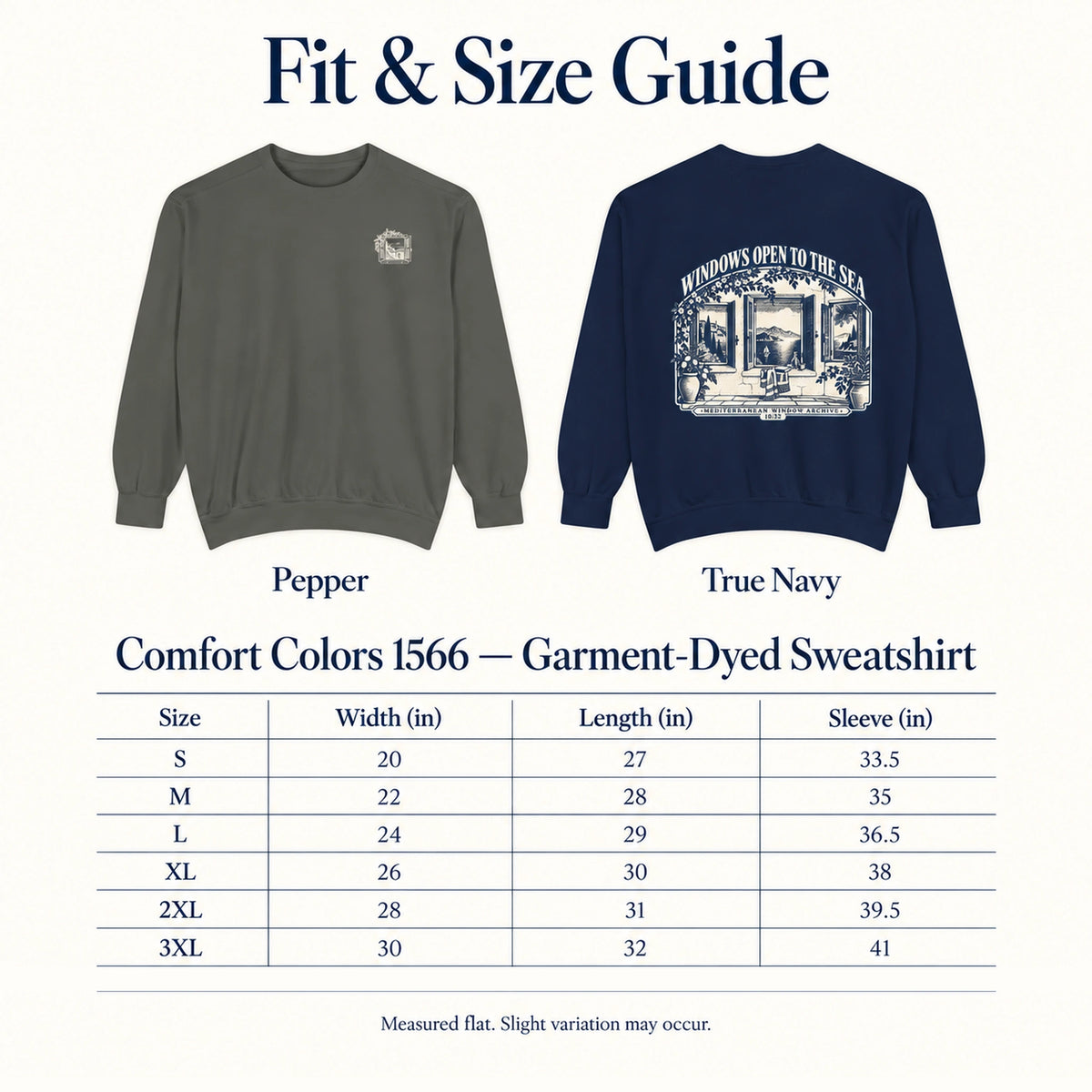 Windows Open to the Sea Comfort Colors 1566 size guide with garment measurements from S to 3XL.