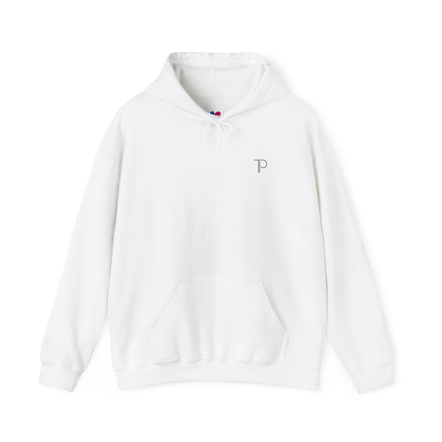 White hoodie with a logo on a white background