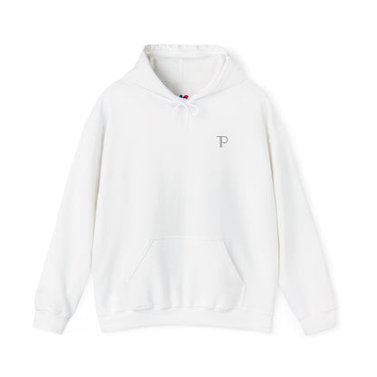 White hoodie with a logo on a white background
