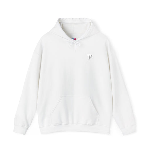 White hoodie with a logo on a white background