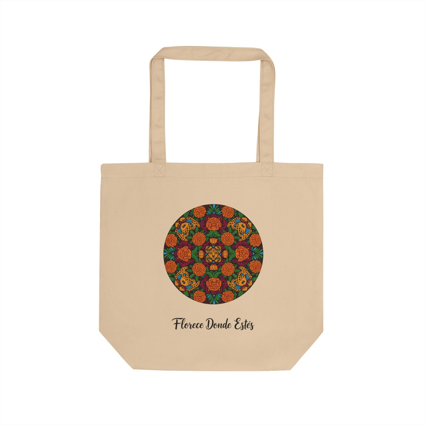 Beige tote bag with a colorful circular pattern and text on a white background