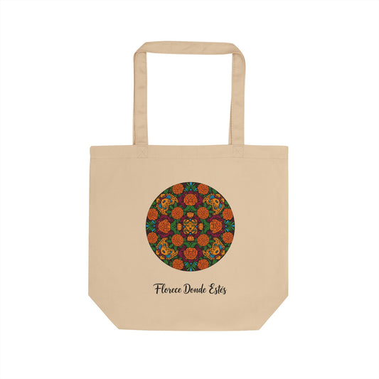 Beige tote bag with a colorful circular pattern and text on a white background