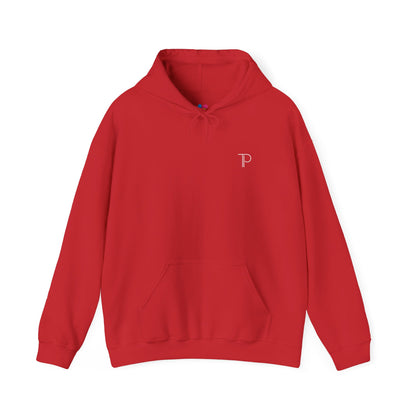Red hoodie with a logo on a white background