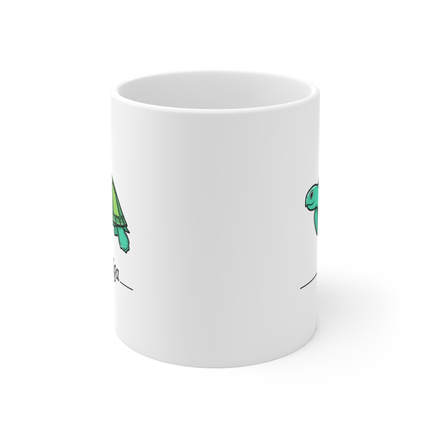White mug with green dinosaur design on a white background