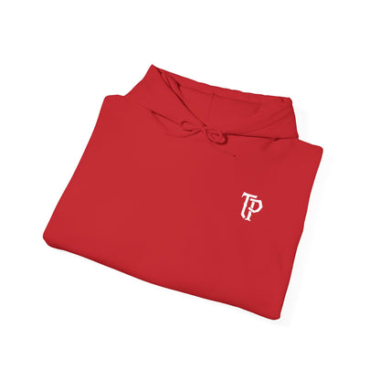 Folded red hooded shirt with a logo on a white background