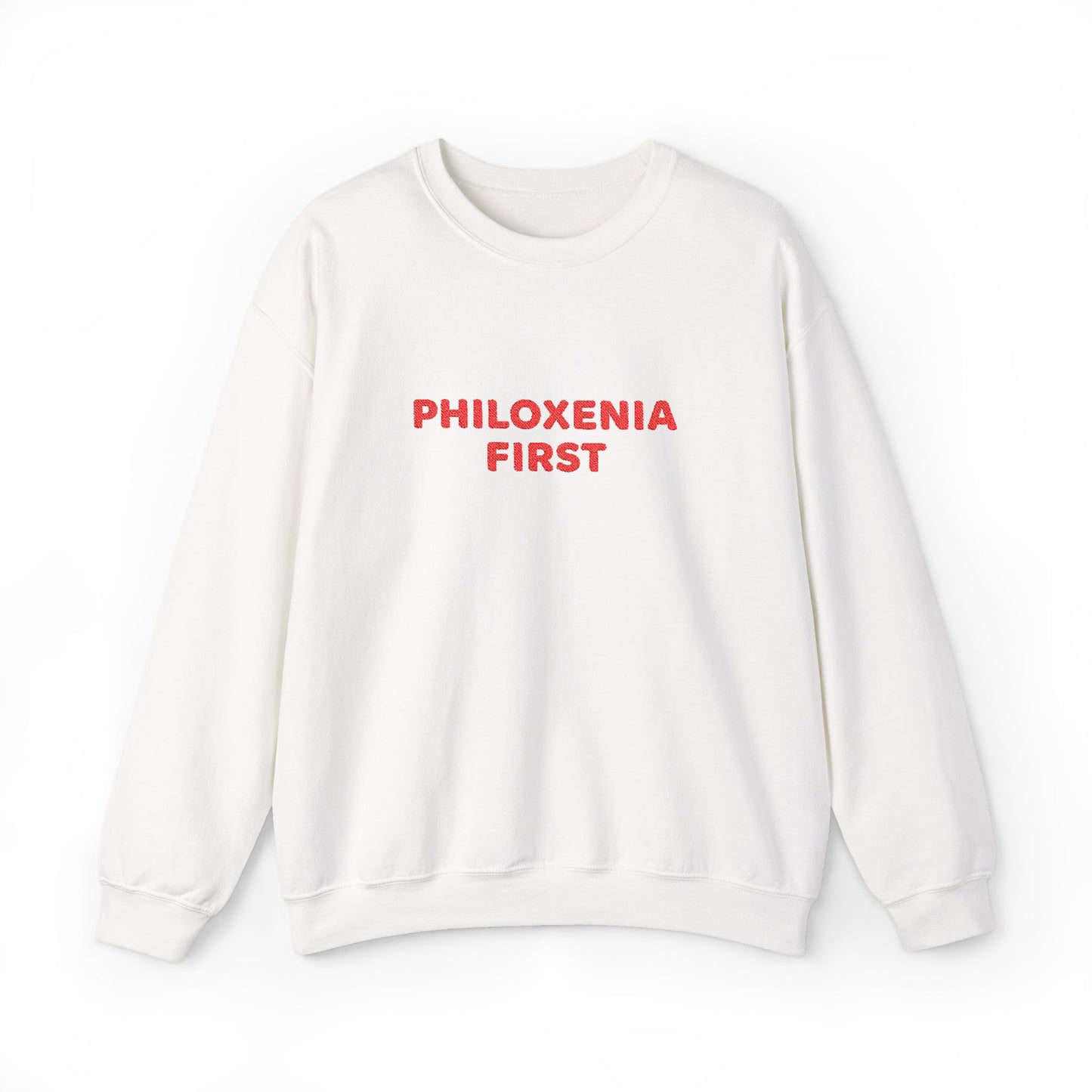 White sweatshirt with 'PHILOXENIA FIRST' text in red on a white background