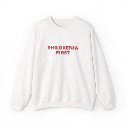 White sweatshirt with 'PHILOXENIA FIRST' text in red on a white background