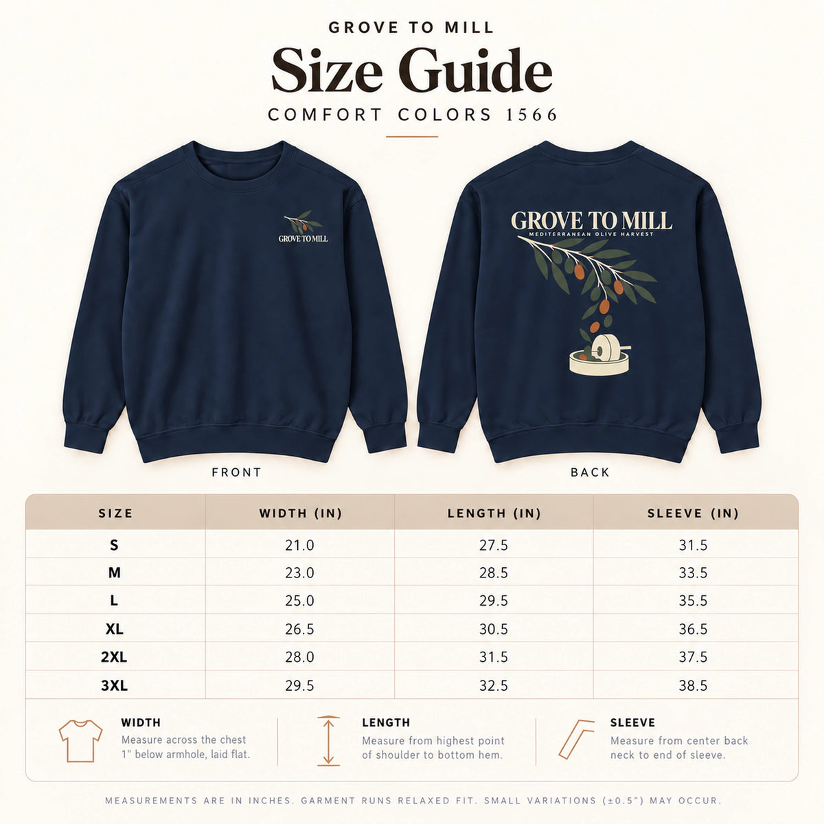 Grove to Mill Comfort Colors 1566 size guide with front and back sweatshirt views and measurements from S to 3XL.