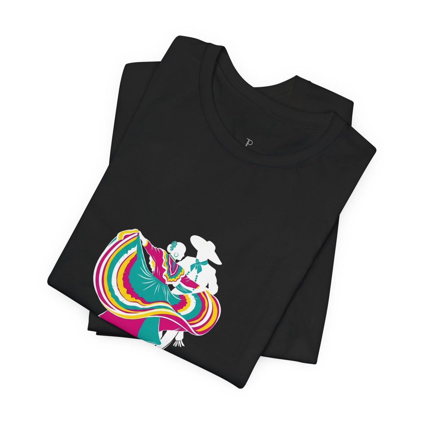 Black tank top with colorful graphic design on a white background