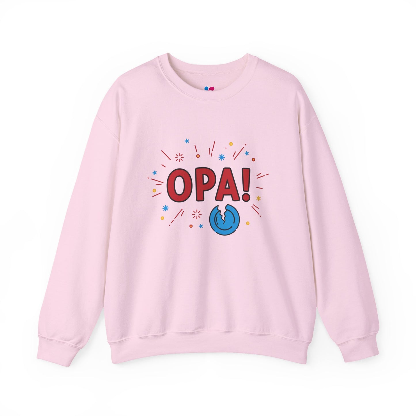 Pink sweatshirt with 'OPA!' text and graphic on a white background