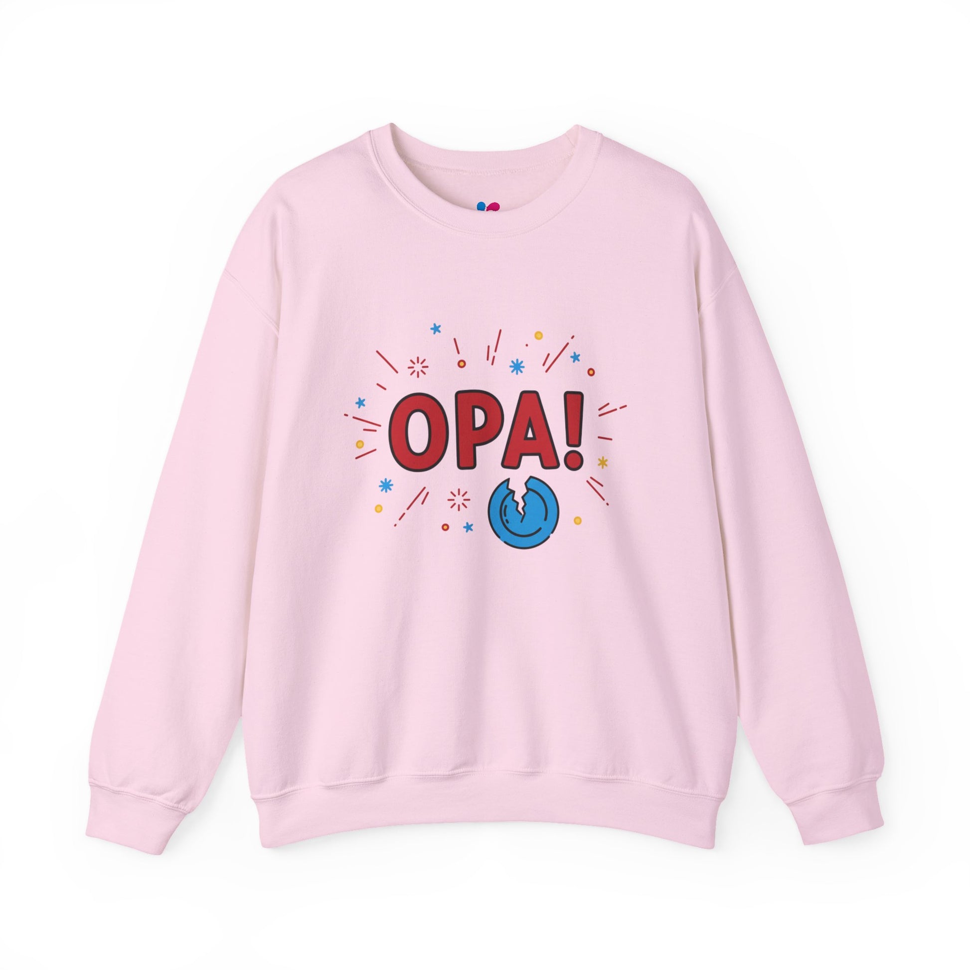 Pink sweatshirt with 'OPA!' text and graphic on a white background