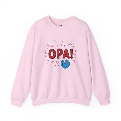 Pink sweatshirt with 'OPA!' text and graphic on a white background