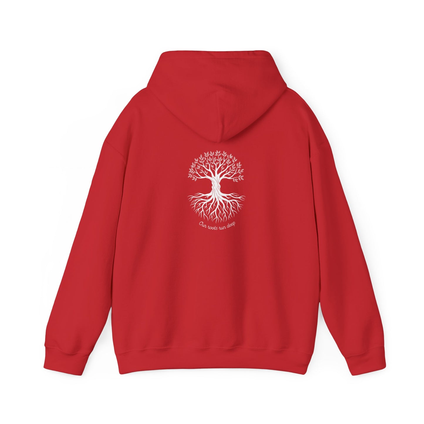 Red hoodie with a decorative back design on a white background