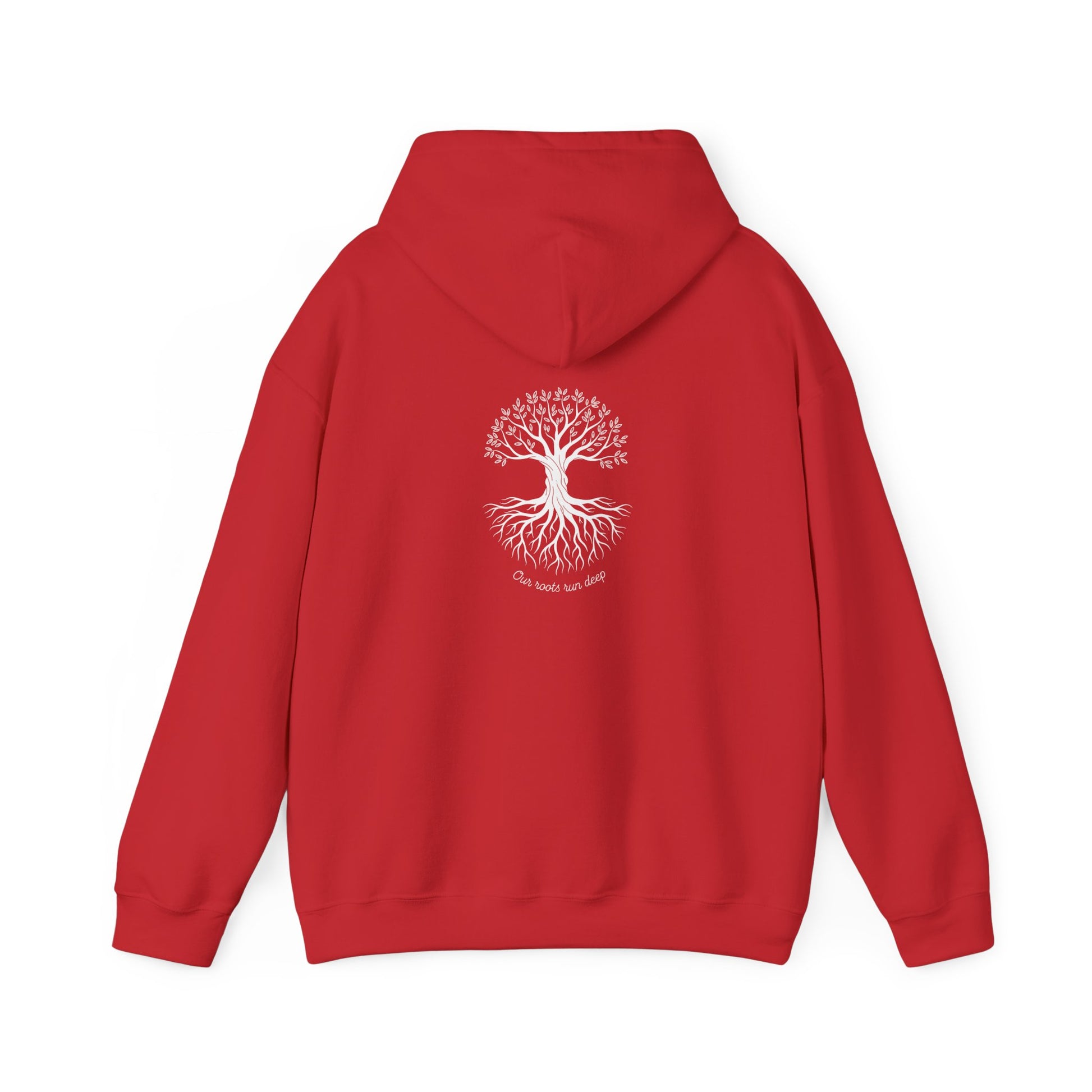 Red hoodie with a decorative back design on a white background