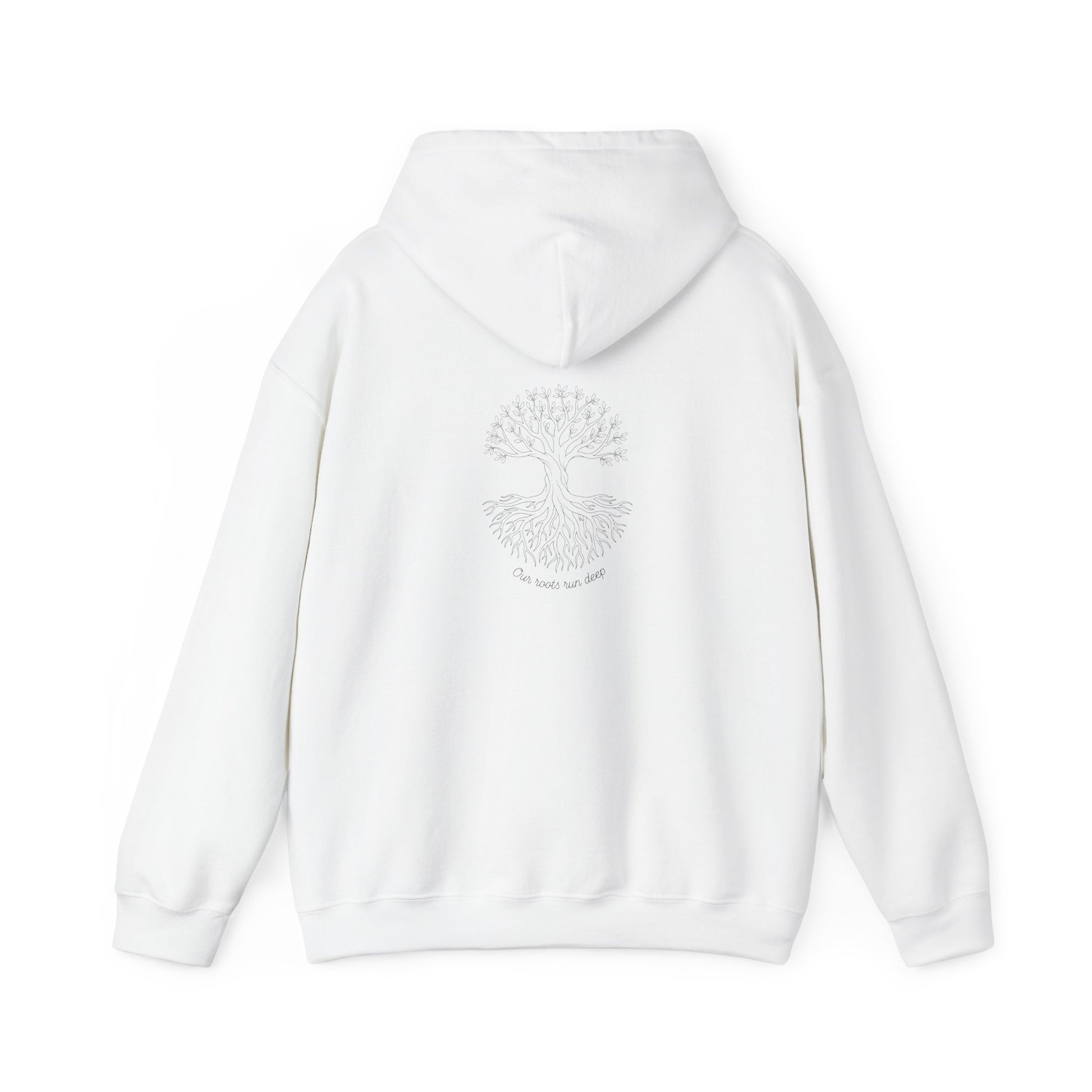 White hoodie with a decorative back design on a white background