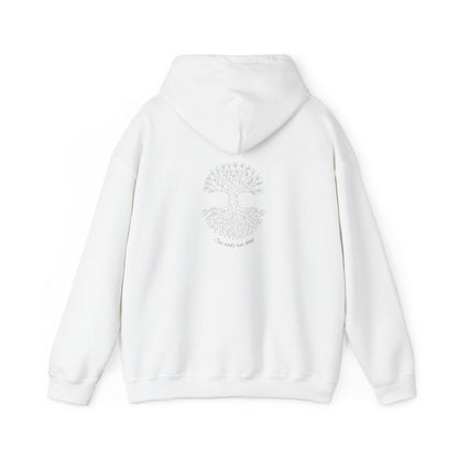 White hoodie with a decorative back design on a white background