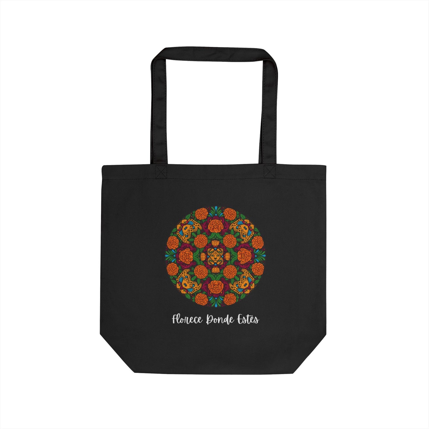 Black tote bag with a colorful circular design and text on a white background
