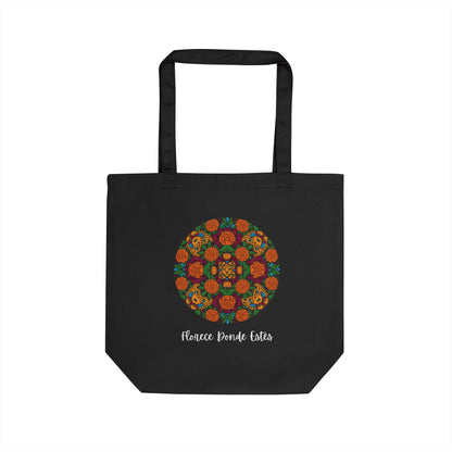 Black tote bag with a colorful circular design and text on a white background