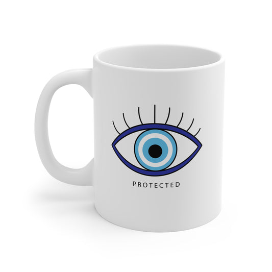 White mug with an eye design and 'PROTECTED' text on a white background