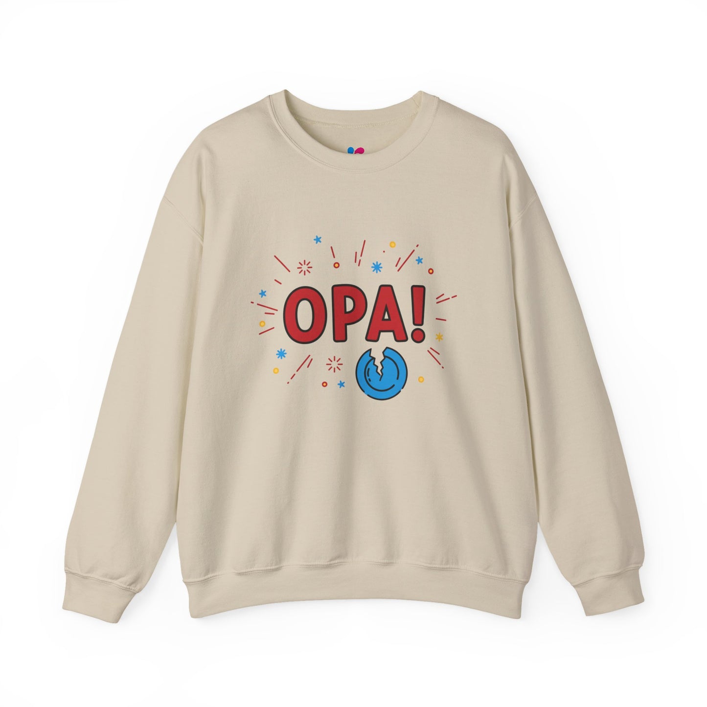 Beige sweatshirt with 'OPA!' graphic on a white background
