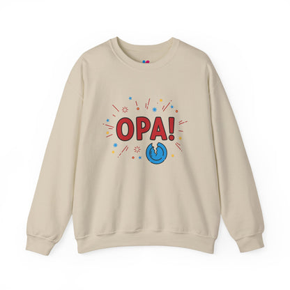 Beige sweatshirt with 'OPA!' graphic on a white background