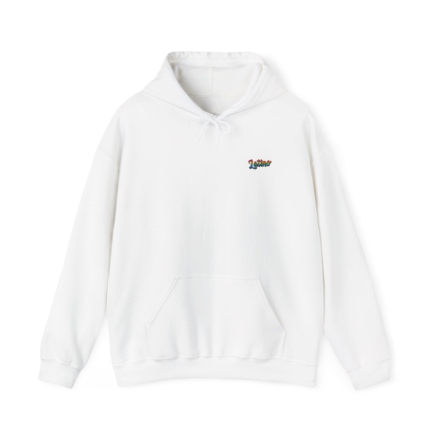 White hoodie with a colorful logo on a white background