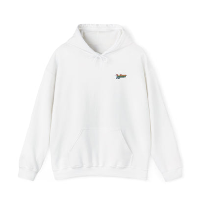 White hoodie with a colorful logo on a white background