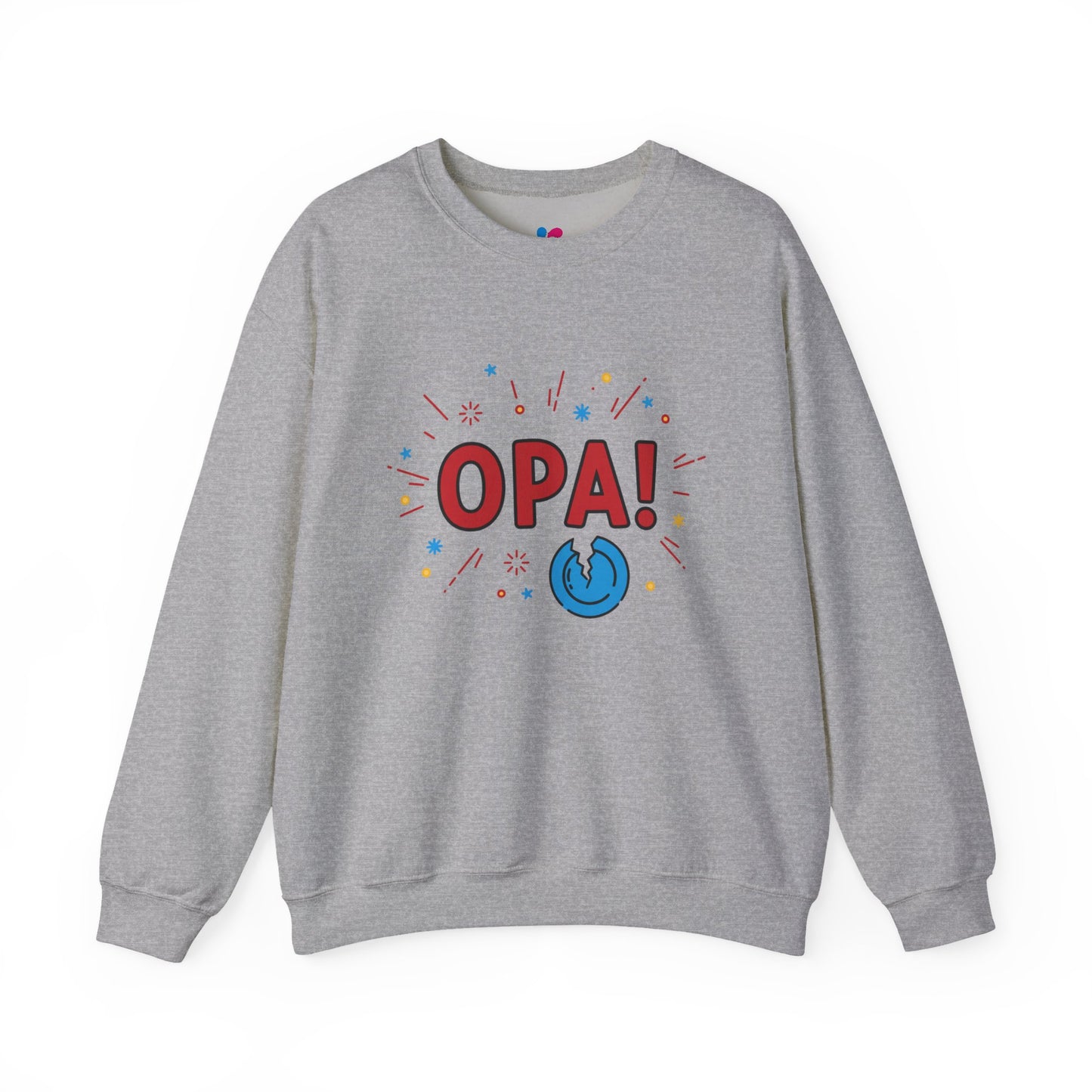 Gray sweatshirt with 'OPA!' text on a white background