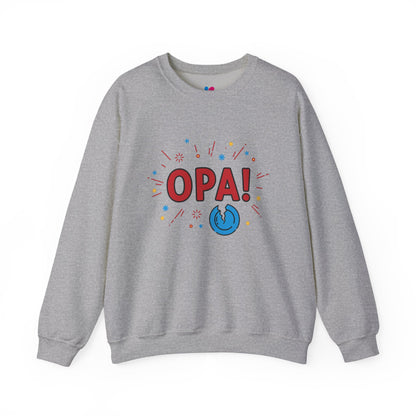 Gray sweatshirt with 'OPA!' text on a white background