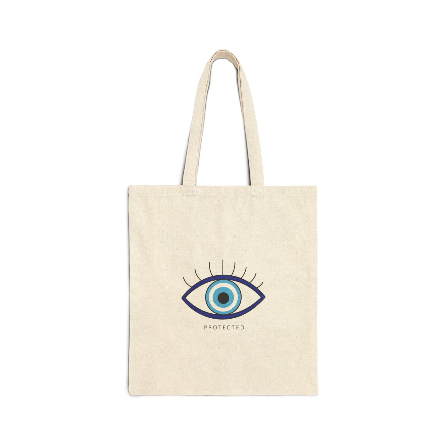 Beige tote bag with an eye design and 'PROTECTED' text on a white background