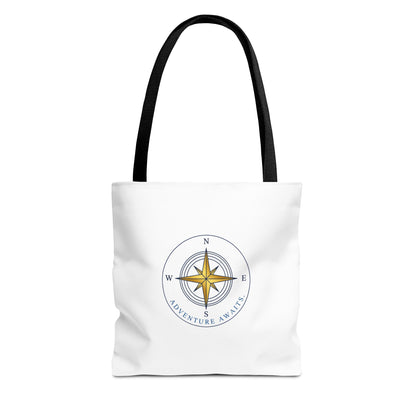 White tote bag with a compass design and 'Adventure Awaits' text on a white background