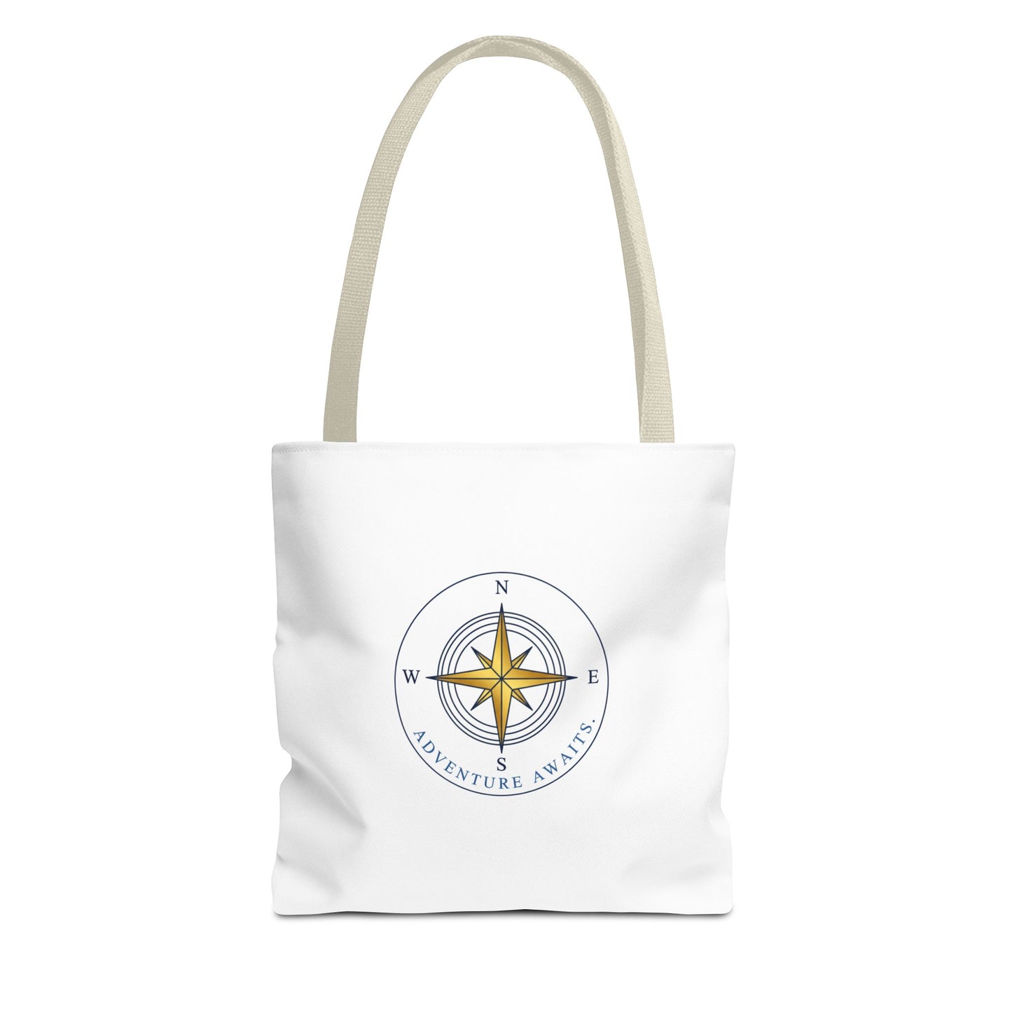 White tote bag with a compass design and 'Adventure Awaits' text on a white background