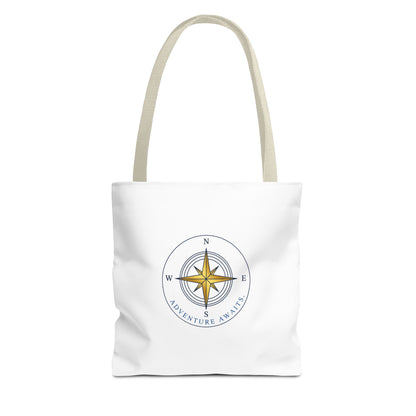 White tote bag with a compass design and 'Adventure Awaits' text on a white background