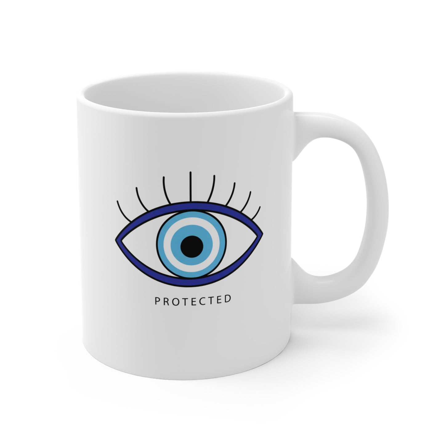 White mug with an eye design and 'PROTECTED' text on a white background