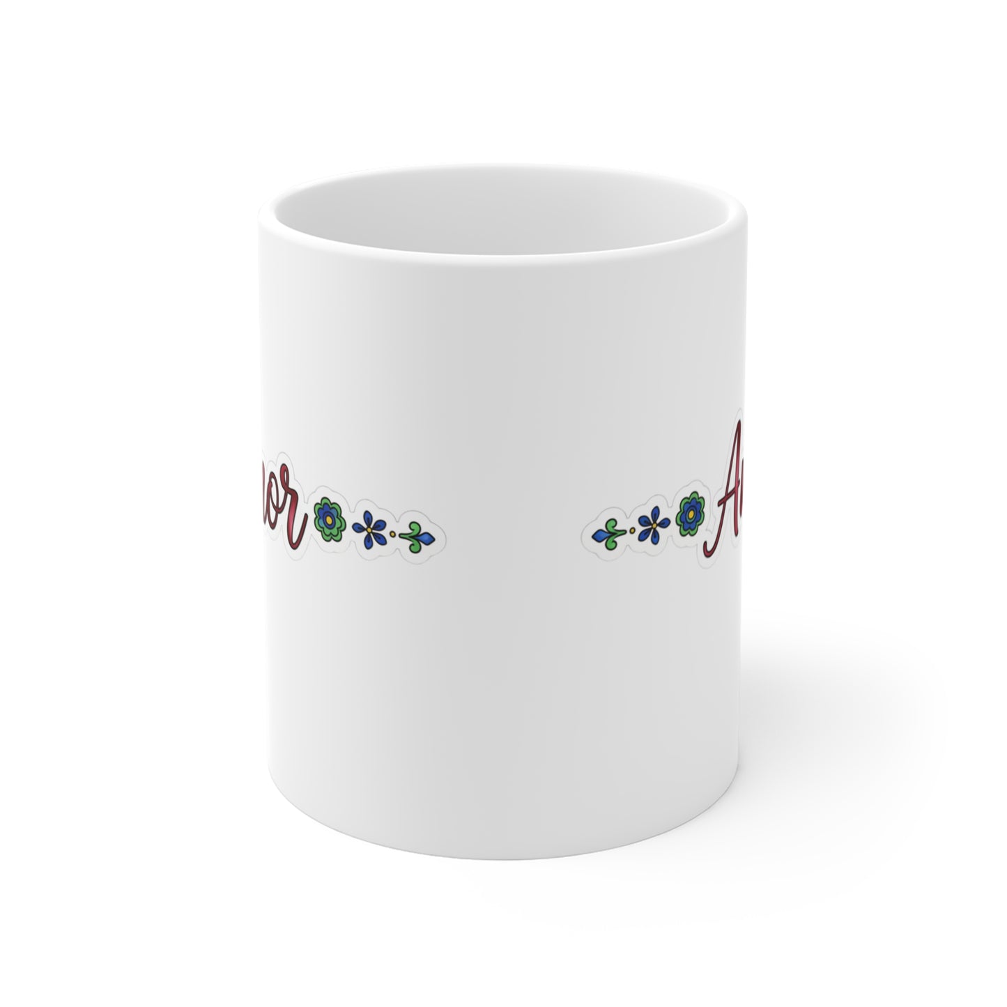 Floral Love Mug 11oz – Ceramic Coffee Cup with “Amor” Design, Inspirational Spanish Word Drinkware